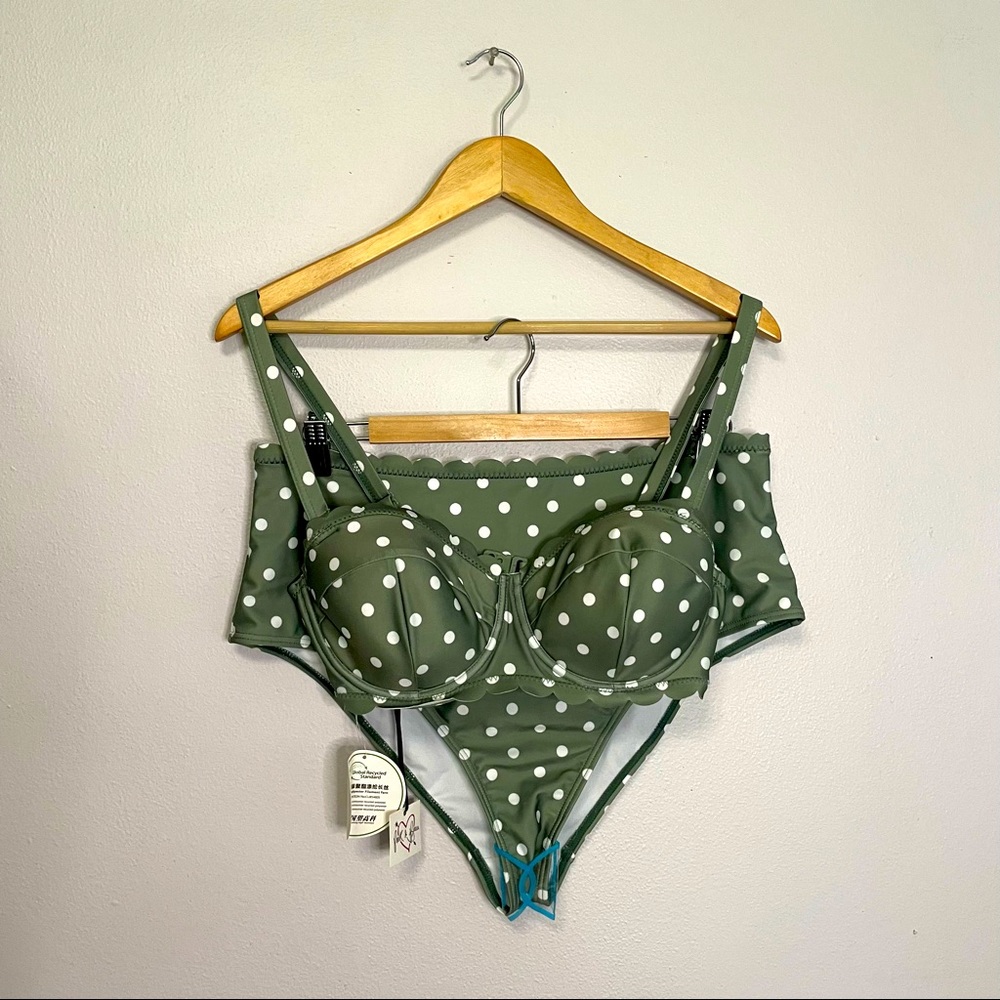 NWT Peek A Beau Two Piece Bikini Swimsuit Swimwear Green and White Polka Dot